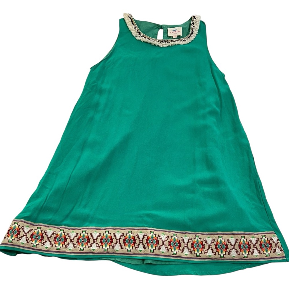 Hayden Green Dress Fringe Detail Neck Embroidered Ribbon Hemline Girls Size 9/10